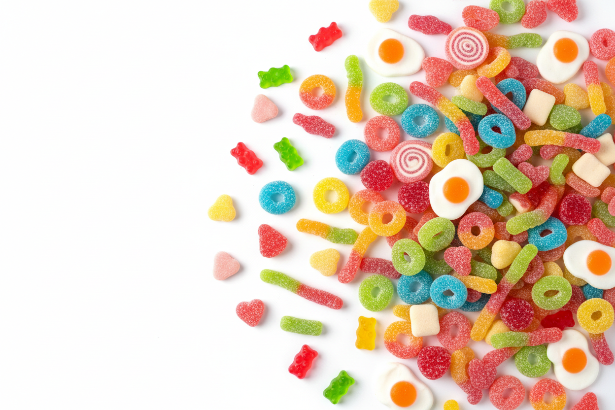 An aerial view of a vibrant assortment of colorful mixed sweets, including fruit and cola flavour jelly sweets with sour coating white and orange fried egg shapes, gummy bears, haribo strawbs, and various gummy sweets, artfully arranged to fill approximately the right half of the frame against a plain white background. The sweets are spread out, with some visible white space between them, giving a sense of abundance without being densely packed