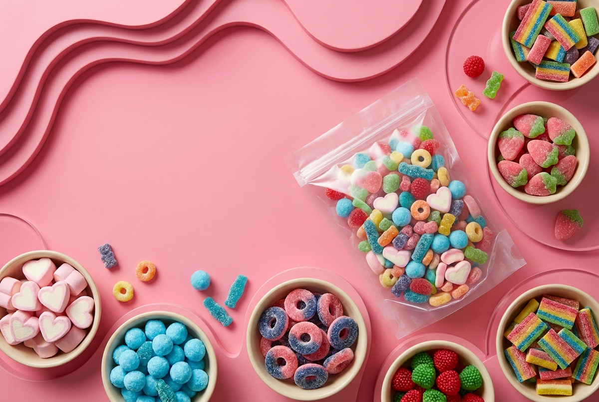 Bubblegum-pink sculptural setting for the overhead sweets arrangement